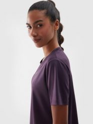 Koszulka treningowa oversize szybkoschnąca damska - fioletowa. Fioletowe t-shirty sportowe 4f, s, bez wzorów, z dzianiny, bez ramiączek, na fitness i siłownię. Za 79.99 zł.