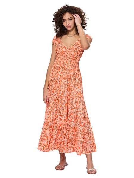 Aller Simplement Sukienka w kolorze pomarańczowo-białym rozmiar: 38/40. Pomarańczowe sukienki Aller Simplement, bez wzorów, z bawełny, klasyczne, bez kołnierzyka, bez ramiączek, maxi. Za 153.71 zł.