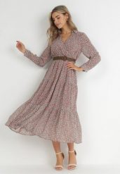Różowa Sukienka Rozkloszowana w Kwiaty z Paskiem Khito. Czerwone sukienki Born2be, na co dzień, l, bez wzorów, eleganckie, bez kołnierzyka, bez ramiączek, maxi, rozkloszowane. W wyprzedaży za 127.49 zł.