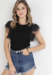 Czarny Bawełniany Top z Koronką przy Ramionach Learena. Czarne topy Born2be, m, bez wzorów, z bawełny, bez kołnierzyka, bez ramiączek. W wyprzedaży za 93.49 zł.