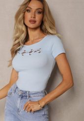 Jasnoniebieska Bluzka z Bawełny Ozdobiona Wycięciami i Splotem przy Dekolcie Galanettia. Niebieskie bluzki Renee, s, bez wzorów, z bawełny, eleganckie, bez kołnierzyka, bez ramiączek. W wyprzedaży za 51.99 zł.