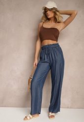 Granatowe Spodnie z Bawełny High Waist z Gumką i Wiązaniem w Talii Lisadriela. Niebieskie jeansy Renee, bez wzorów, z bawełny, eleganckie, z podwyższonym stanem. W wyprzedaży za 39.99 zł.