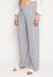 Niebiesko-Beżowe Spodnie z Wiskozy w Mozaikowy Wzór z Gumką w Pasie Rivan. Niebieskie jeansy Born2be, m, bez wzorów, z jeansu, eleganckie, z podwyższonym stanem. Za 59.99 zł.