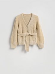 Kardigan z metalizowaną nicią - kremowy. Białe swetry Reserved, l, bez wzorów, z dzianiny, bez ramiączek. Za 179.99 zł.