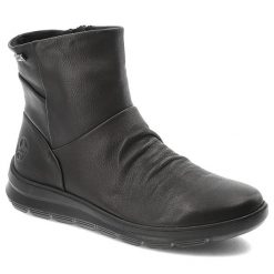 Botki damskie Rieker o wygodnym fasonie z marszczoną cholewką i lekką podeszwą czarne, Z0066-00 Black. Czarne botki Rieker, bez wzorów, bez obcasa, bez zapięcia. Za 439.00 zł.