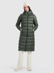 4F Płaszcz puchowy z wypełnieniem naturalnym damski - khaki S. Brązowe płaszcze 4f, na zimę, s, bez wzorów, z materiału, bez kaptura. W wyprzedaży za 299.99 zł.