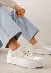 Beżowe Plecione Trampki na Platformie Irivana. Brązowe trampki Renee, bez wzorów, z jeansu, bez zapięcia. Za 79.99 zł.