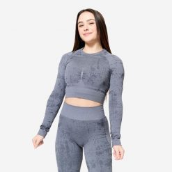 Koszulka fitness damska Domyos długi rękaw. Szare t-shirty sportowe DOMYOS, l, bez wzorów, z materiału, bez ramiączek, na fitness i siłownię. Za 59.99 zł.