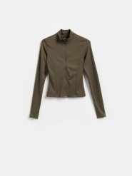 Bluza ze stójką - ciemnozielony. Zielone bluzy Reserved, l, bez wzorów, z dzianiny, bez ramiączek, bez kaptura. Za 99.99 zł.