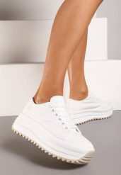 Białe Trampki Sneakersy na Platformie z Ozdobnym Bieżnikiem Dimorie. Białe trampki Renee, bez wzorów, klasyczne, bez zapięcia. W wyprzedaży za 39.99 zł.