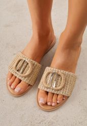 Beżowe Plecione Klapki na Płaskiej Podeszwie Zdobione Metaliczną Aplikacją Rhelana. Brązowe klapki Renee, z aplikacjami, boho, bez obcasa, na płaskiej podeszwie, bez zapięcia. Za 79.99 zł.