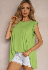Jasnozielony Casualowy Top z Wiskozy Ozdobiony Falbanką przy Ramionach Dimrie. Zielone topy Renee, l, bez wzorów, z materiału, bez kołnierzyka, bez ramiączek. W wyprzedaży za 39.99 zł.