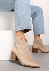 Ciemnobeżowe Botki Vices w Stylu Kowbojek na Obcasie Vertige. Brązowe botki Renee, bez wzorów, z jeansu, boho, bez obcasa, na obcasie, bez zapięcia. W wyprzedaży za 127.49 zł.