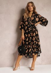 Czarna Rozkloszowana Sukienka w Kwiaty Onilio. Czarne sukienki Renee, l, bez wzorów, bez kołnierzyka, bez ramiączek, midi, rozkloszowane. W wyprzedaży za 119.99 zł.