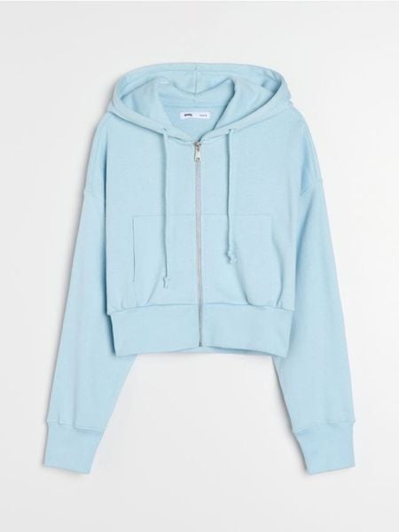 Rozpinana bluza z kapturem - błękitny. Niebieskie bluzy Sinsay, l, bez wzorów, bez ramiączek, z kapturem. Za 39.99 zł.