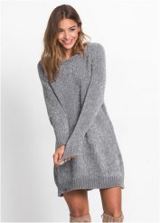 Sukienka dzianinowa oversize z szenili. Szare sukienki bonprix, bez wzorów, z dzianiny, bez kołnierzyka, bez ramiączek, mini, oversize. Za 112.99 zł.