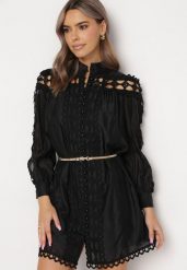 Czarna Koszulowa Sukienka w Stylu Vintage ze Stójką i Paskiem w Talii Glikoma. Czarne sukienki Born2be, m, bez wzorów, vintage, bez kołnierzyka, bez ramiączek, mini, koszulowe. W wyprzedaży za 203.99 zł.