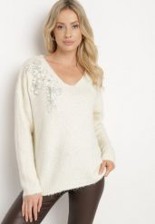 Jasnobeżowy Sweter z Wełną Ozdobnymi Kwiatami 3D i Cekinami Yasimi. Brązowe swetry Born2be, m, z aplikacjami, z jeansu, eleganckie, bez ramiączek. W wyprzedaży za 135.99 zł.