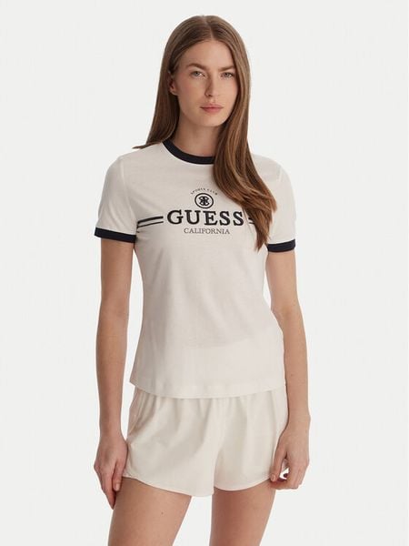 Guess T-Shirt V6GI08 K2975 Biały Regular Fit. Białe t-shirty Guess, xs, z aplikacjami, z bawełny, bez kołnierzyka, bez ramiączek. Za 174.99 zł.