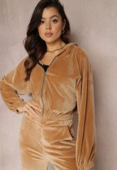 Beżowa Bluza Welurowa Krótka z Suwakiem Vahi. Brązowe bluzy Renee, s, bez wzorów, z jeansu, eleganckie, bez ramiączek, bez kaptura. W wyprzedaży za 63.99 zł.
