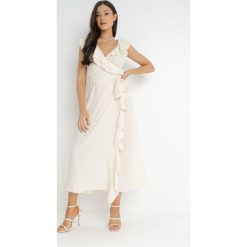 Beżowa Sukienka Mellothee. Brązowe sukienki Born2be, na imprezę, m, bez wzorów, z materiału, eleganckie, bez kołnierzyka, bez ramiączek, midi, kopertowe. W wyprzedaży za 119.99 zł.