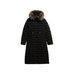 Damska długa kurtka Superdry Fuji. Czarne kurtki Superdry, bez wzorów, z puchu, bez kaptura. Za 638.15 zł.
