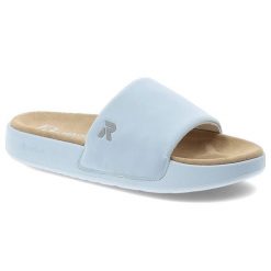 Niebieskie Klapki Rieker Stylowe Płaskie Damskie. Niebieskie klapki Rieker, bez wzorów, eleganckie, bez obcasa, na płaskiej podeszwie, bez zapięcia. Za 249.00 zł.