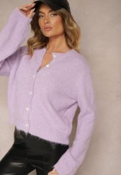 Fioletowy Klasyczny Kardigan o Prostym Kroju Riavara. Fioletowe swetry Renee, bez wzorów, z jeansu, eleganckie, bez ramiączek. W wyprzedaży za 143.99 zł.