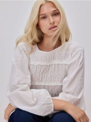 Bluzka z marszczeniami - złamana biel. Bluzki Reserved, l, bez wzorów, z bawełny, bez kołnierzyka, bez ramiączek. Za 139.99 zł.