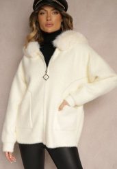 Jasnobeżowa Bluza z Wełną z Kapturem i Kieszeniami Ozdobiona Futerkiem Siliti. Brązowe bluzy Renee, na zimę, l, bez wzorów, z jeansu, eleganckie, bez ramiączek, z kapturem. W wyprzedaży za 147.99 zł.