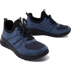 RIEKER M4970-14 blue, półbuty damskie. Niebieskie półbuty wsuwane Rieker, bez wzorów, bez obcasa, na koturnie. Za 309.90 zł.