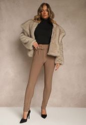 Ciemnobeżowe Spodnie Ozdobione Paskiem z Klamrą Falarise. Brązowe jeansy Renee, l, z aplikacjami, z jeansu, eleganckie. Za 49.99 zł.