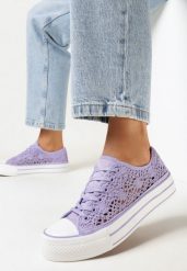Fioletowe Ażurowe Trampki Przed Kostkę Russi. Fioletowe trampki Born2be, w ażurowe wzory, z jeansu, przed kostkę, bez zapięcia. Za 79.99 zł.