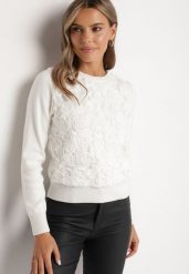Biały Sweter z Wiskozą i Siateczkowymi Aplikacjami Hariena. Białe swetry Born2be, z aplikacjami, z wiskozy, eleganckie, bez ramiączek. W wyprzedaży za 127.49 zł.