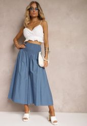 Jasnoniebieskie Spodnie Kuloty z Bawełny High Waist o Szerokim Kroju Wykończone Gumką w Pasie Alifrea. Niebieskie jeansy Renee, l, bez wzorów, z bawełny, eleganckie, z podwyższonym stanem. W wyprzedaży za 35.99 zł.