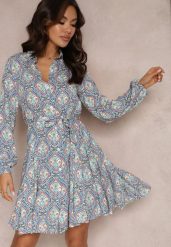 Niebiesko-Biała Wiskozowa Sukienka z Wiązanym Paskiem Didimes. Niebieskie sukienki Renee, na imprezę, l, bez wzorów, z wiskozy, bez kołnierzyka, bez ramiączek, mini, koszulowe. Za 79.99 zł.