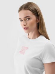4F T-shirt slim z nadrukiem damski - biały S. Białe t-shirty 4f, s, bez wzorów, z dzianiny, klasyczne, bez kołnierzyka, bez ramiączek. Za 29.99 zł.