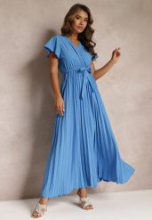 Niebieska Koktajlowa Maxi Sukienka Ozdobiona Plisami z Trójkątnym Dekoltem i Wiązaniem w Talii Phoelia. Niebieskie sukienki Renee, na imprezę, m, bez wzorów, eleganckie, bez kołnierzyka, bez ramiączek, maxi. W wyprzedaży za 63.99 zł.
