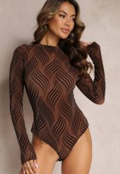 Brązowe Siateczkowe Body z Metaliczną Nitką i Welurowym Nadrukiem Vanbiga. Brązowe body i gorsety Renee, z aplikacjami, z tkaniny, bez ramiączek. W wyprzedaży za 62.99 zł.