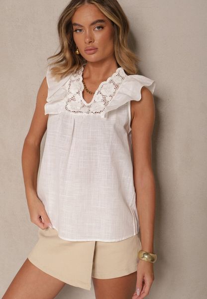 Biała Bluzka z Bawełny z Lnem Falbankami i Haftem Ziarinda. Białe bluzki Renee, l, bez wzorów, z bawełny, biznesowe, bez kołnierzyka, bez ramiączek. Za 69.99 zł.