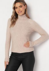 Beżowy Golf z Warkoczykowym Splotem Amorea. Brązowe swetry Born2be, l, bez wzorów, z dzianiny, klasyczne, bez ramiączek. W wyprzedaży za 50.99 zł.