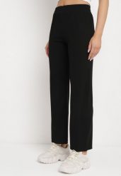 Czarne Prążkowane Spodnie Szerokie z Gumką w Pasie Drasia. Czarne jeansy Born2be, m, bez wzorów, z jeansu. Za 49.99 zł.