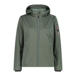 Damska kurtka turystyczna z kapturem CMP. Zielone kurtki przejściowe sportowe CMP, bez wzorów, z softshellu, z kapturem, trekkingowe. Za 408.80 zł.