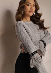 Szary Krótki Sweter z Ozdobnymi Paskami z Ekoskóry i Frędzlami Steviuna. Szare swetry Renee, s, bez wzorów, casualowe, bez ramiączek. W wyprzedaży za 135.99 zł.