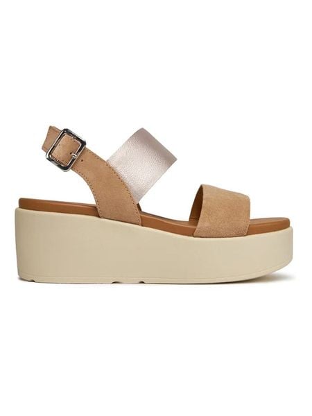 Geox Skórzane sandały "Xand" w kolorze beżowym na obcasie rozmiar: 40. Brązowe sandały Geox, bez wzorów, z otwartym noskiem, bez obcasa, na koturnie, bez zapięcia. Za 211.31 zł.