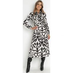Czarno-Biała Sukienka Maxi Koszulowa Gojira. Białe sukienki Born2be, na imprezę, s, bez wzorów, z satyny, eleganckie, bez kołnierzyka, bez ramiączek, maxi, koszulowe. W wyprzedaży za 33.99 zł.