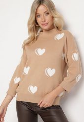 Ciemnobeżowy Sweter z Modalem i Wiskozą w Serca Zeanita. Brązowe swetry Born2be, l, bez wzorów, z jeansu, eleganckie, bez ramiączek. W wyprzedaży za 101.99 zł.