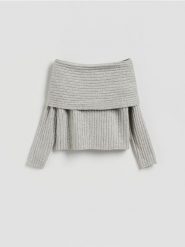 Sweter z odkrytymi ramionami - jasnoszary. Szare swetry Reserved, l, bez wzorów, z dzianiny, bez ramiączek. Za 139.99 zł.