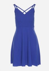 Niebieska Rozkloszowana Sukienka z Ozdobnymi Paskami Redaina. Niebieskie sukienki Born2be, l, bez wzorów, eleganckie, bez kołnierzyka, bez ramiączek, mini, rozkloszowane. Za 69.99 zł.