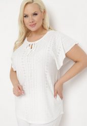 Biała Ażurowa Bluzka z Wiązaniem przy Dekolcie Keiraeta. Białe bluzki Born2be, l, w ażurowe wzory, z materiału, eleganckie, bez kołnierzyka, bez ramiączek. Za 59.99 zł.